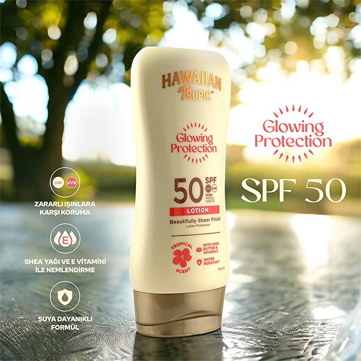 Hawaiian Tropic Glowing Protection SPF 50 sunscreen lotion bottle outdoors on Tampa Home & Garden Store