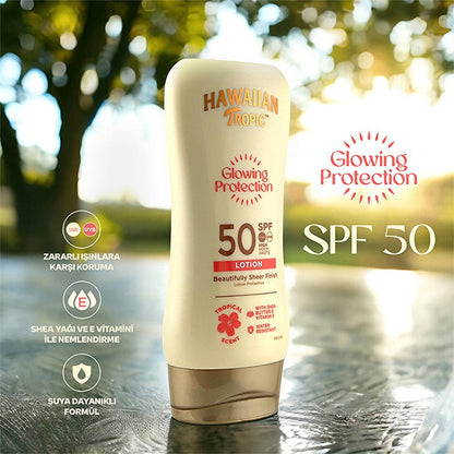Hawaiian Tropic Glowing Protection SPF 50 sunscreen lotion bottle outdoors on Tampa Home & Garden Store