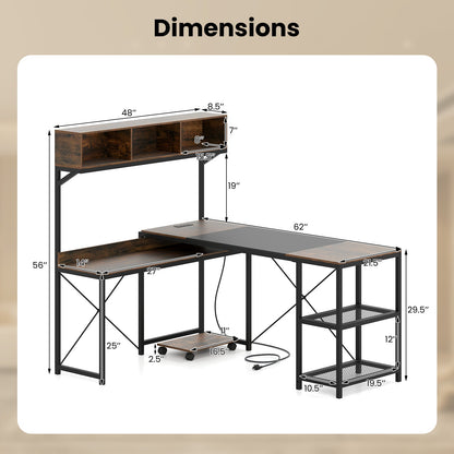 L-Shaped Computer Desk with Power Outlets 62 Inches Corner Desk with Storage Hutch-Brown
