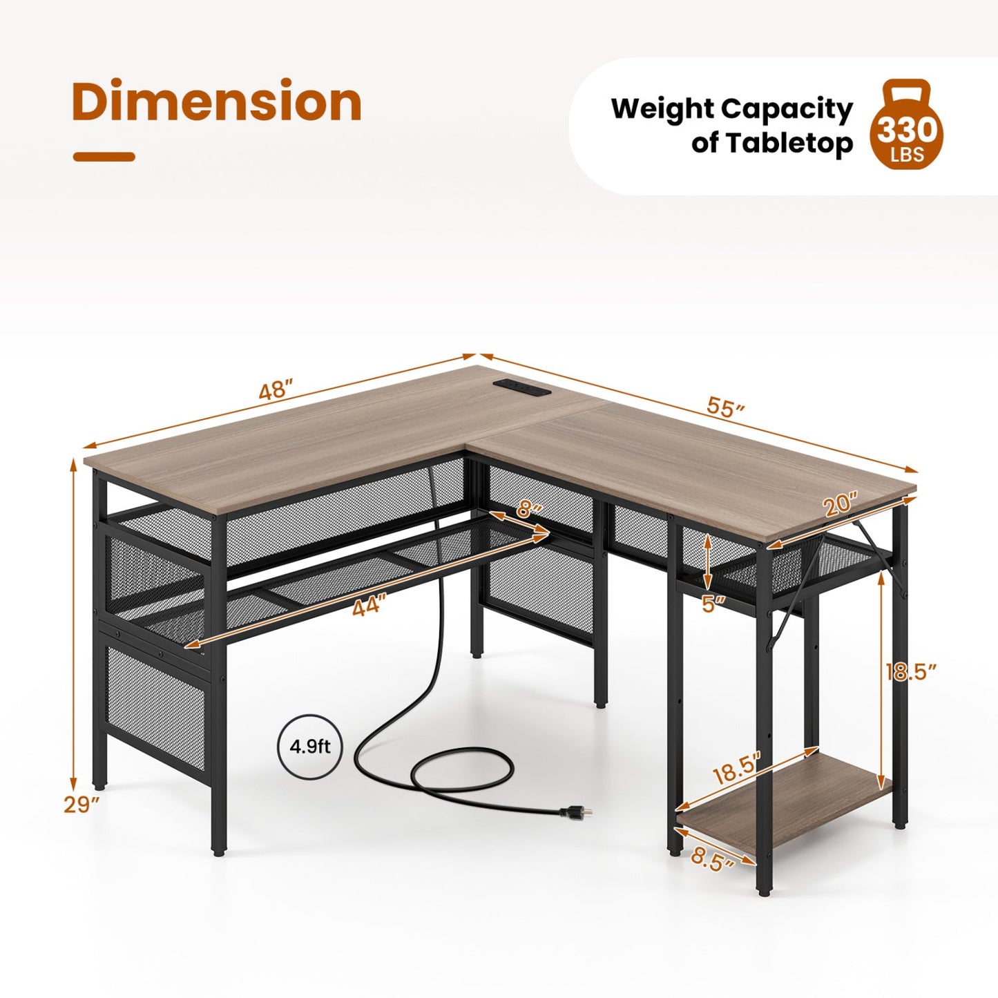 L-Shaped Computer Desk with Charging Station and Adjustable Shelf-Gray - Tampa Home & Garden Store