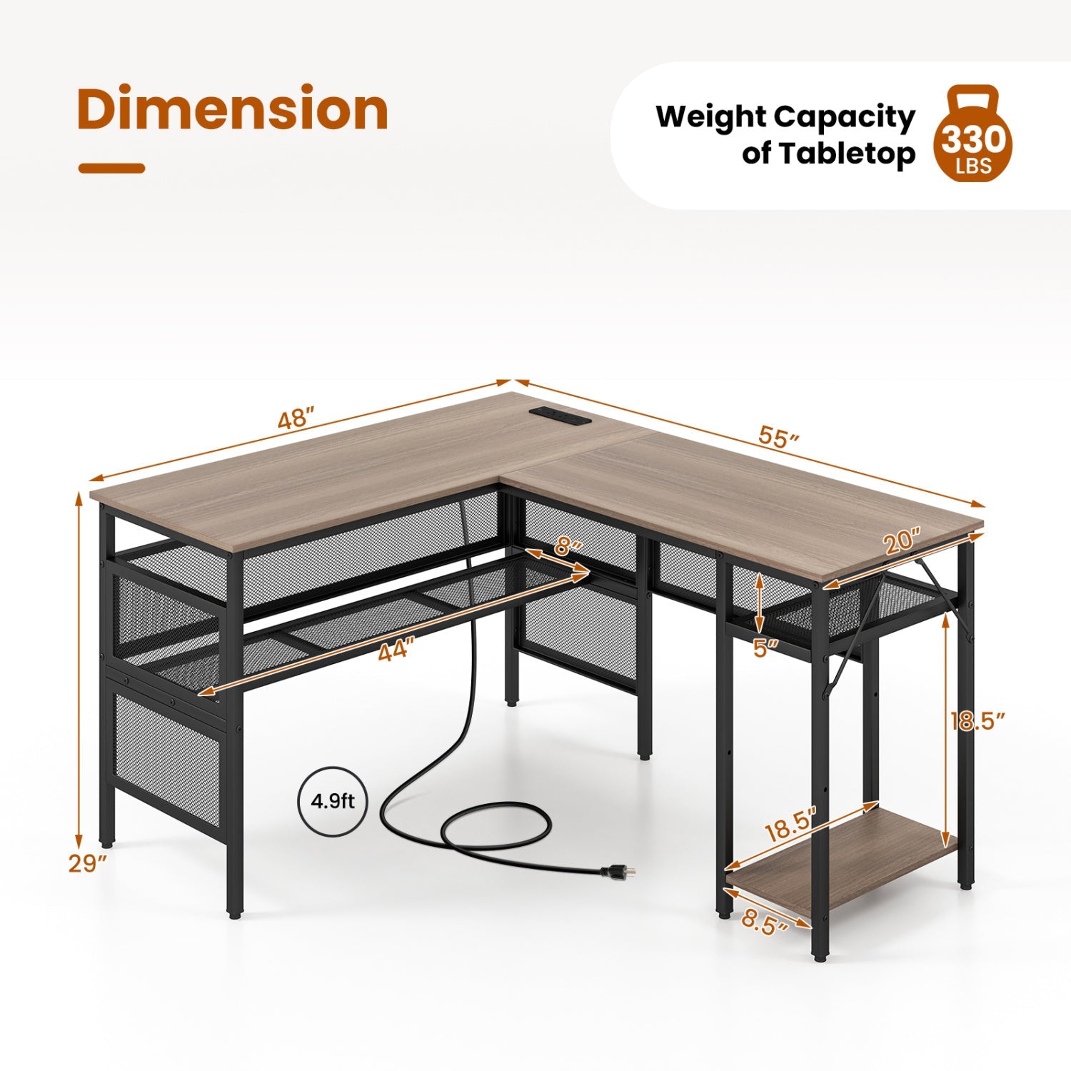 L-Shaped Computer Desk with Charging Station and Adjustable Shelf-Gray - Tampa Home & Garden Store