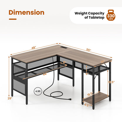 L-Shaped Computer Desk with Charging Station and Adjustable Shelf-Gray - Tampa Home & Garden Store