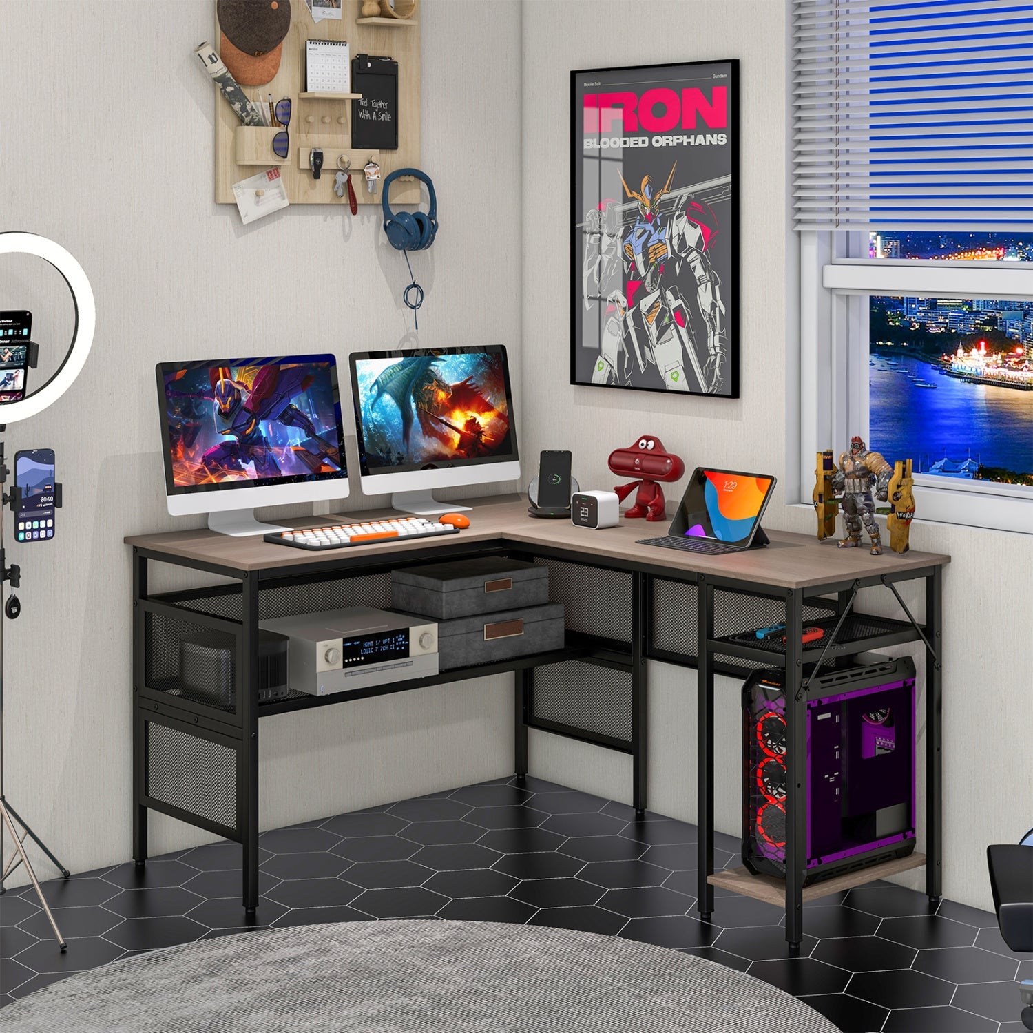 L-Shaped Computer Desk with Charging Station and Adjustable Shelf-Gray - Tampa Home & Garden Store
