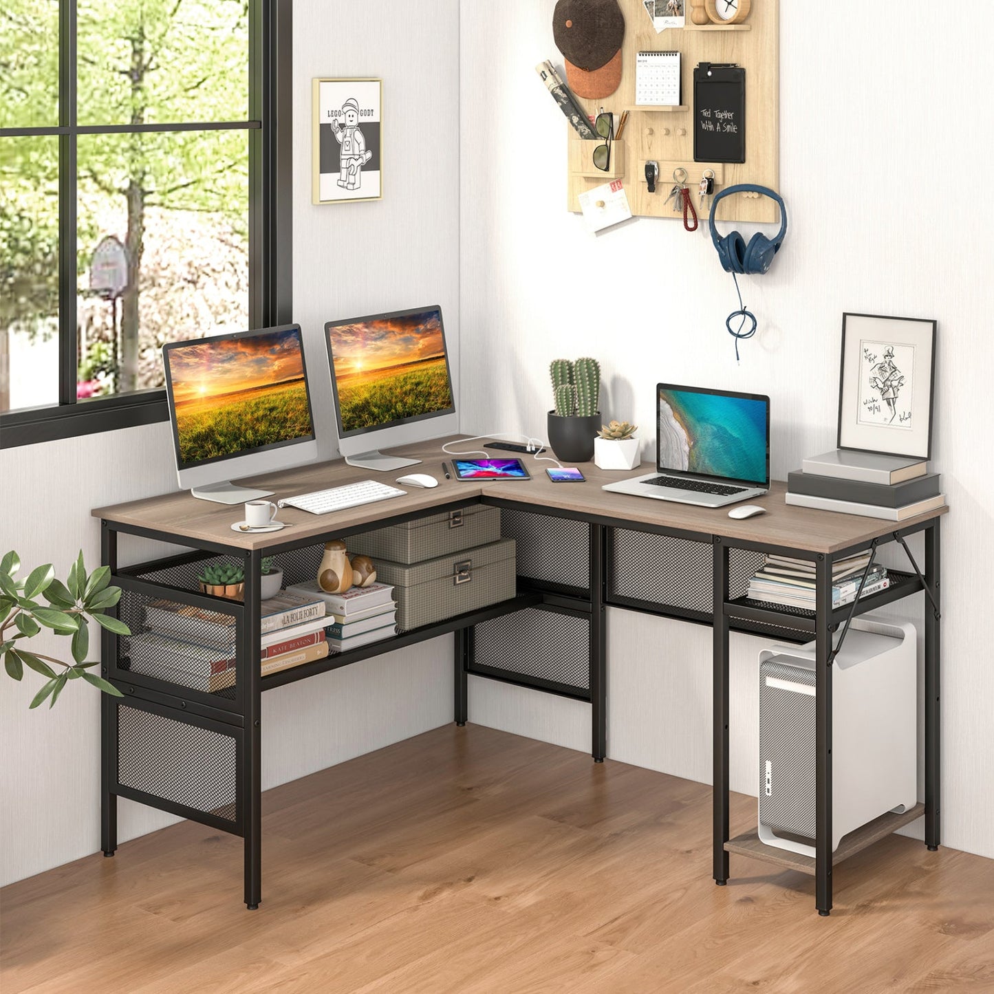 L-Shaped Computer Desk with Charging Station and Adjustable Shelf-Gray - Tampa Home & Garden Store