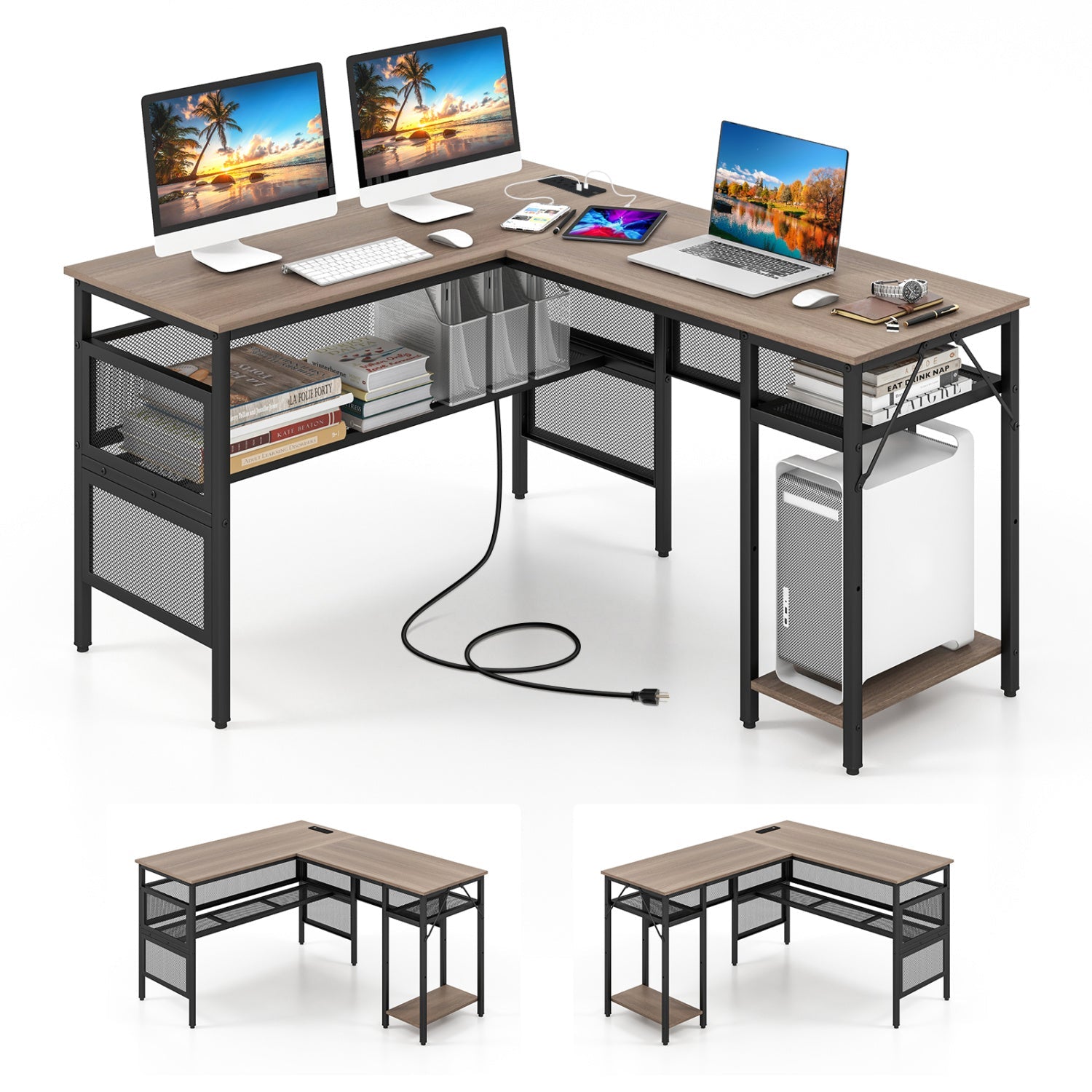 L-Shaped Computer Desk with Charging Station and Adjustable Shelf-Gray - Tampa Home & Garden Store