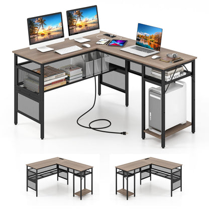 L-Shaped Computer Desk with Charging Station and Adjustable Shelf-Gray - Tampa Home & Garden Store