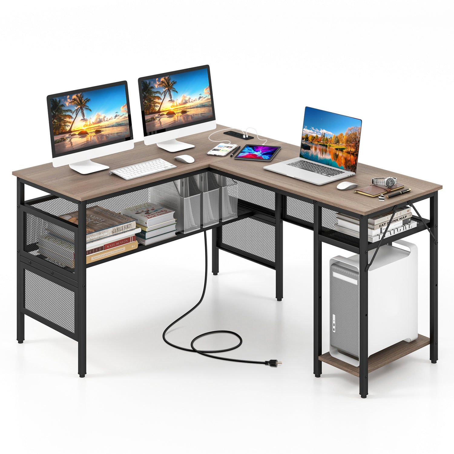 L-Shaped Computer Desk with Charging Station and Adjustable Shelf-Gray - Tampa Home & Garden Store