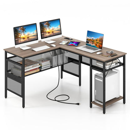 L-Shaped Computer Desk with Charging Station and Adjustable Shelf-Gray - Tampa Home & Garden Store