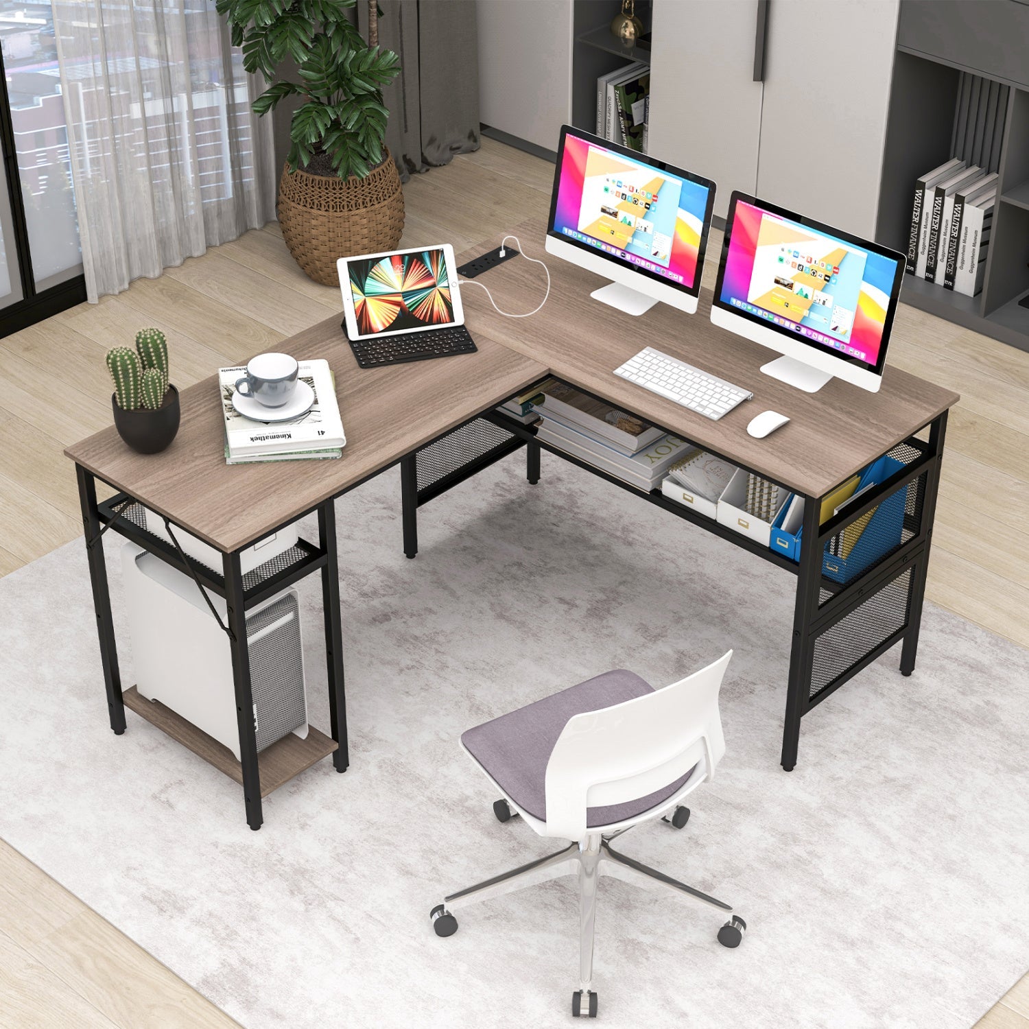 L-Shaped Computer Desk with Charging Station and Adjustable Shelf-Gray - Tampa Home & Garden Store