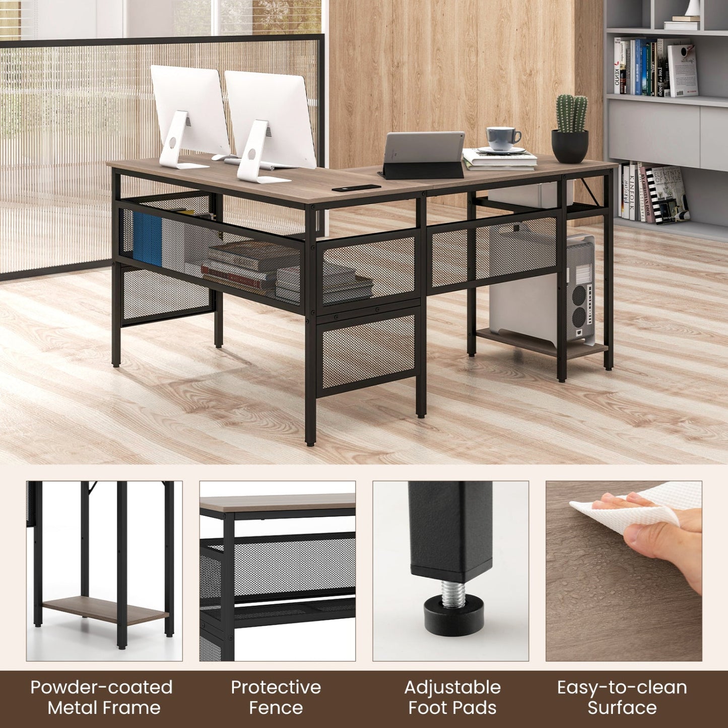 L-Shaped Computer Desk with Charging Station and Adjustable Shelf-Gray - Tampa Home & Garden Store