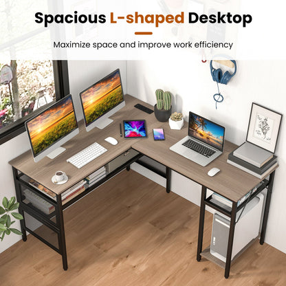 L-Shaped Computer Desk with Charging Station and Adjustable Shelf-Gray - Tampa Home & Garden Store