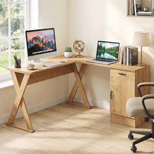 L-Shaped computer desk with reversible drawer and cabinet in natural wood DirectDeals on Tampa Home & Garden Store
