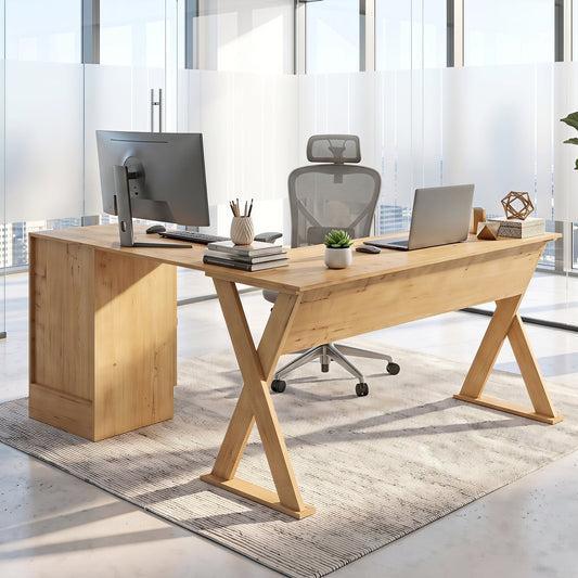 L-Shaped Computer Desk by DirectDeals, wooden finish with reversible drawer and cabinet on Tampa Home & Garden Store