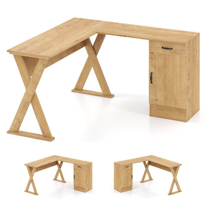 L-shaped desk with reversible drawer and cabinet, light oak finish, X-frame legs DirectDeals on Tampa Home & Garden Store