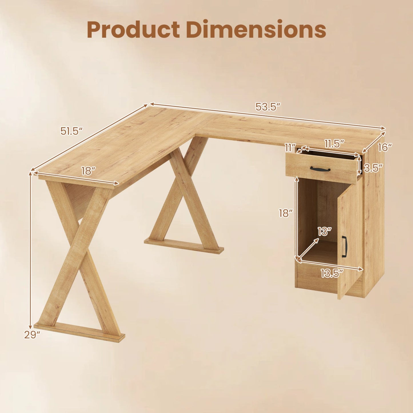 DirectDeals L-shaped desk in natural wood with left X-frame legs and right cabinet with drawer on Tampa Home & Garden Store