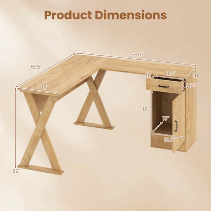 DirectDeals L-shaped desk in natural wood with left X-frame legs and right cabinet with drawer on Tampa Home & Garden Store