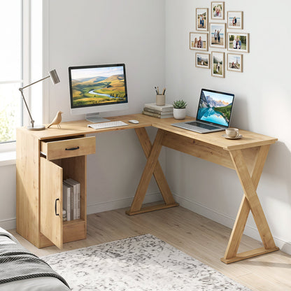 L-shaped desk by DirectDeals with reversible drawer and cabinet, natural wood finish, dual monitor on Tampa Home & Garden Store