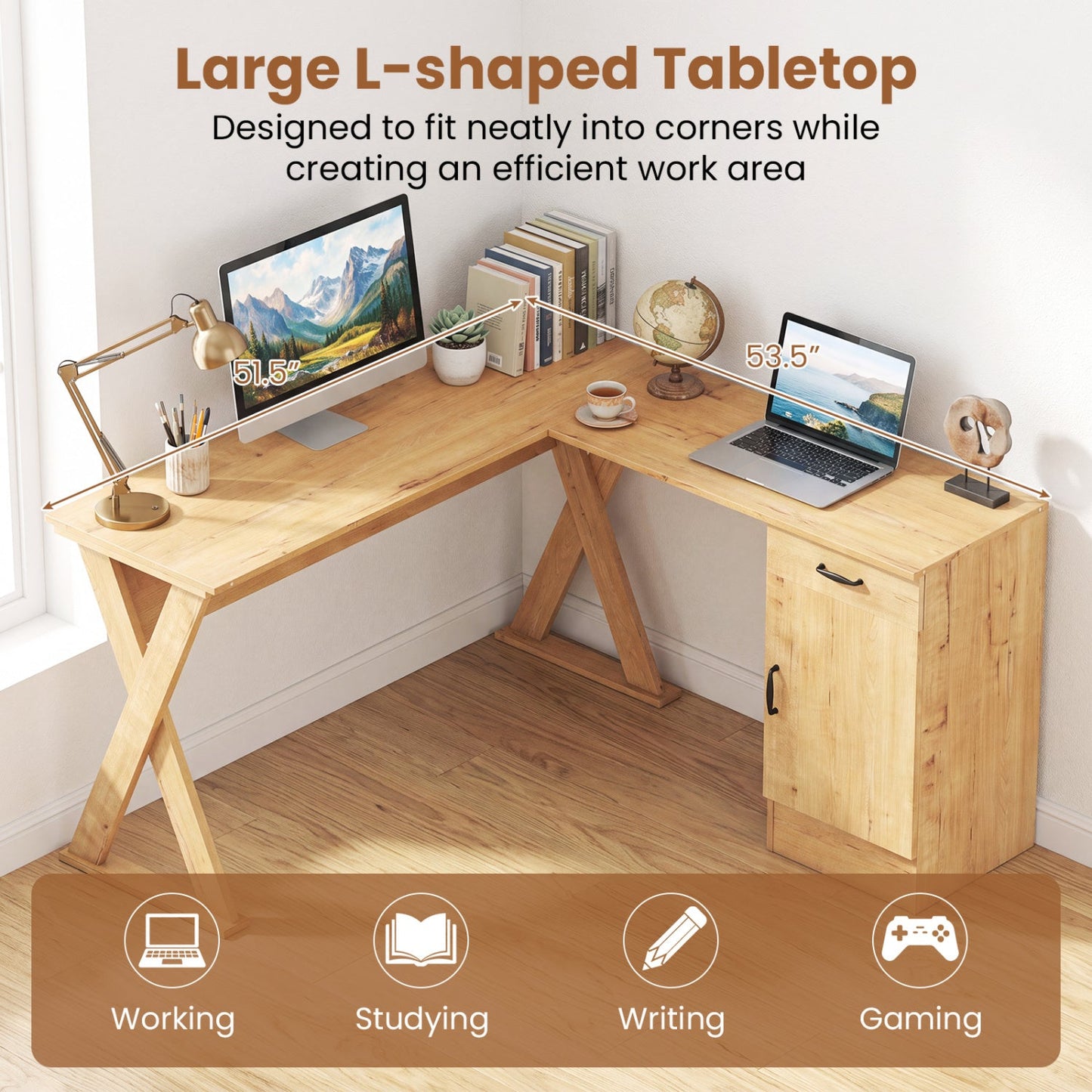 L-shaped desk natural wood finish with reversible drawer and cabinet on Tampa Home & Garden Store