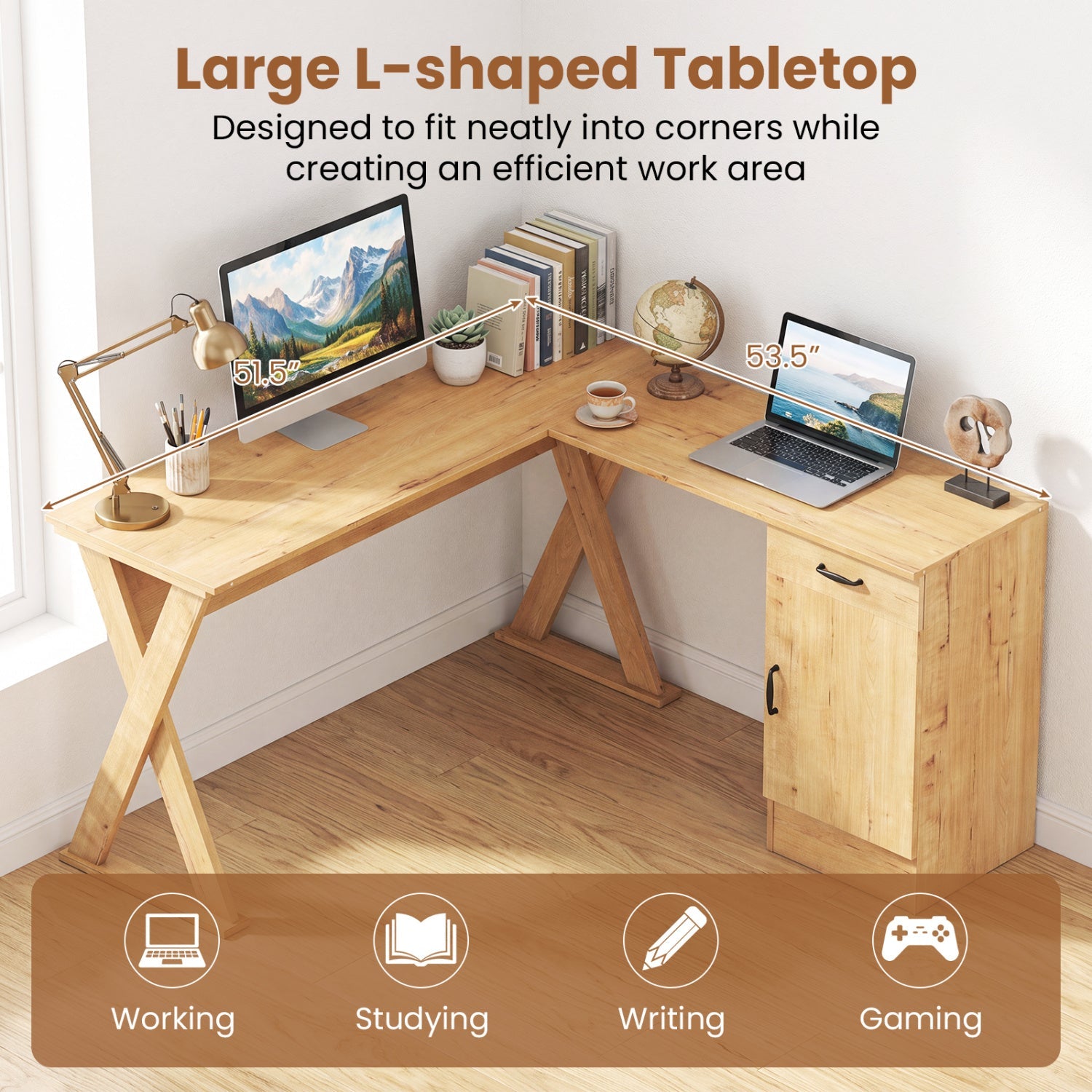 L-shaped desk natural wood finish with reversible drawer and cabinet on Tampa Home & Garden Store