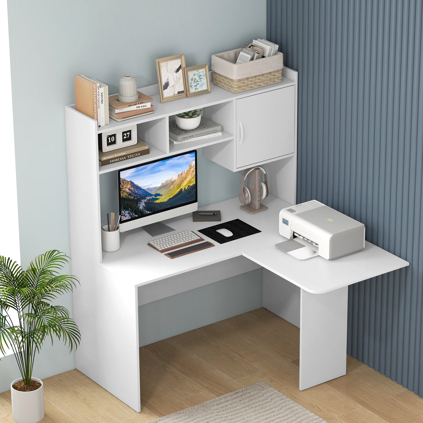 Escritorio en forma de L, escritorio esquinero para computadora con compartimentos de almacenamiento abiertos y armario - Blanco