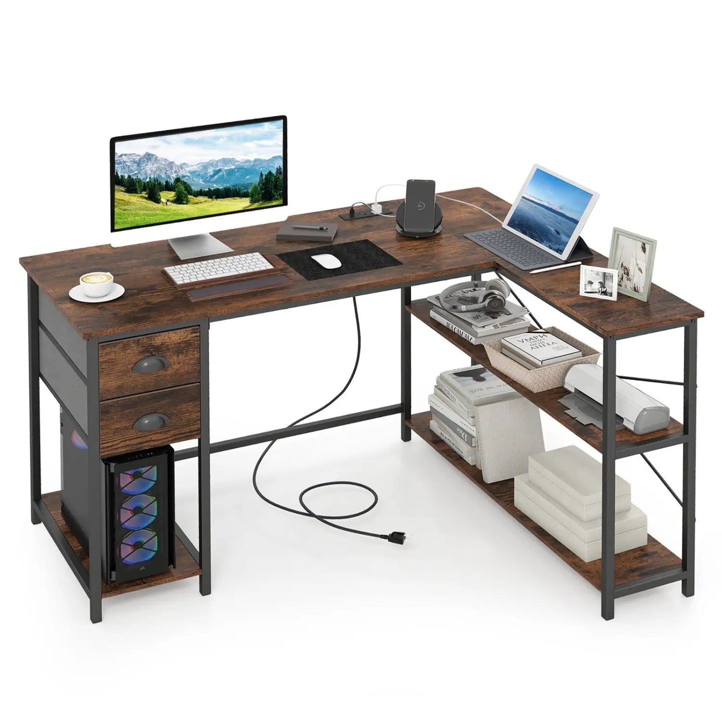 L Shaped Desk With Charging Station and Drawers