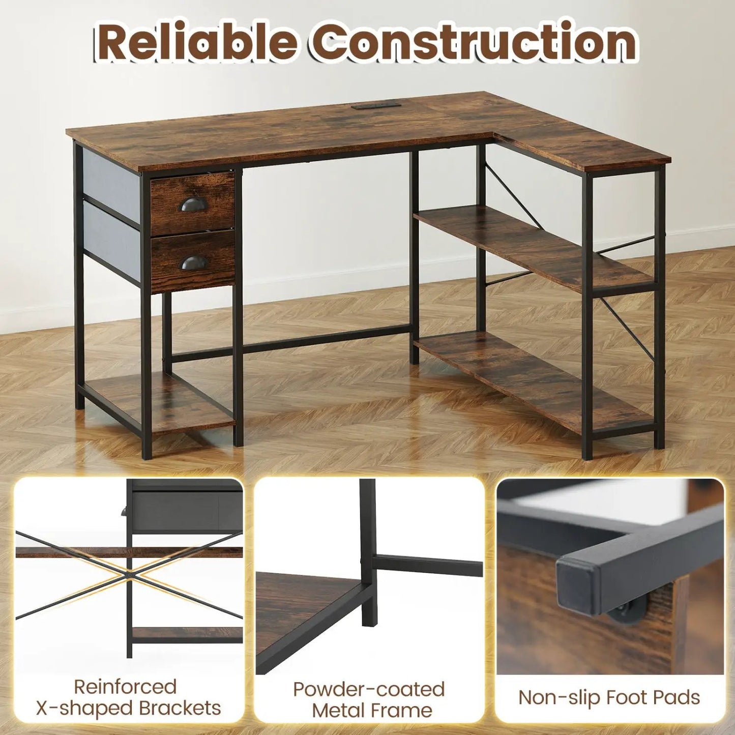 L Shaped Desk With Charging Station and Drawers