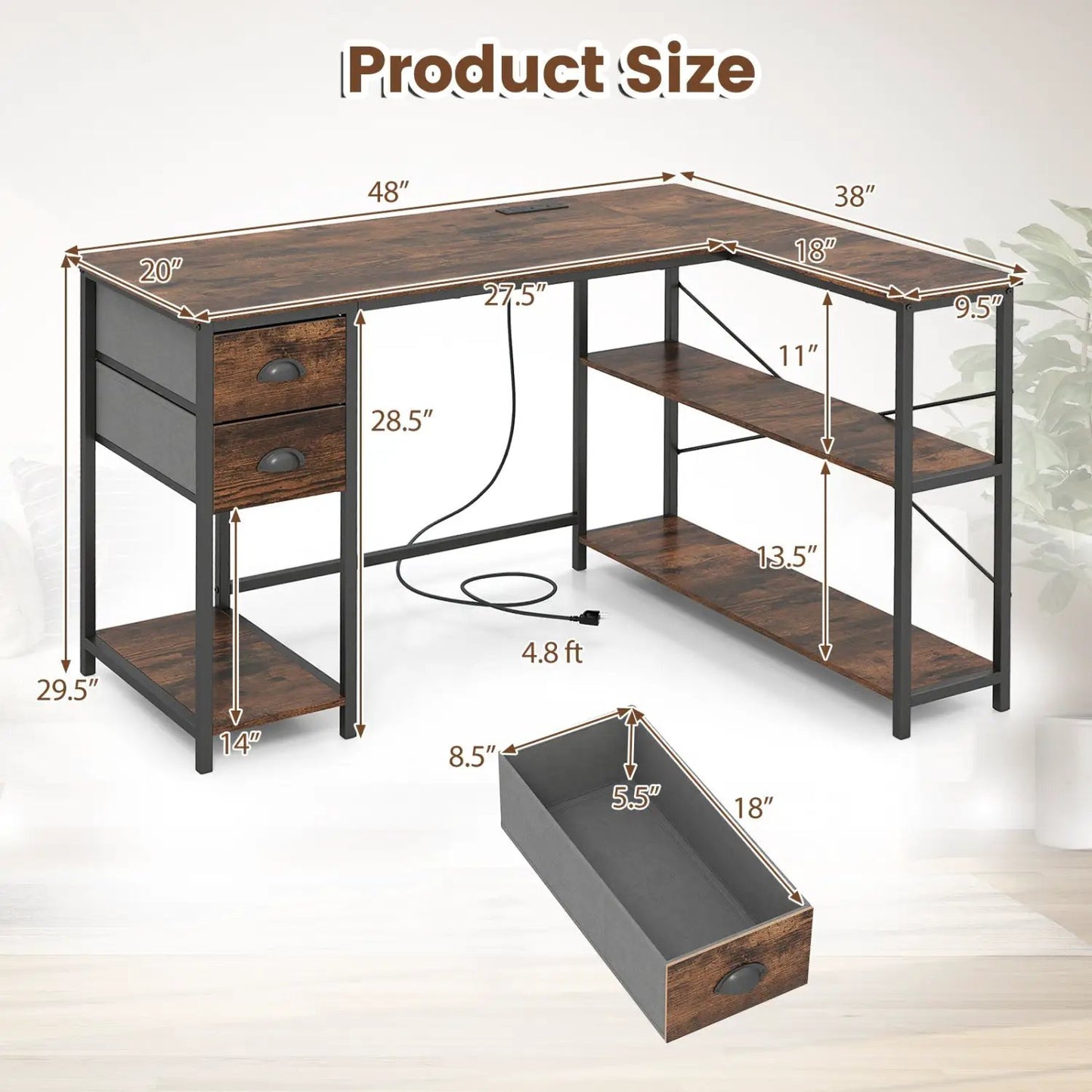 L Shaped Desk With Charging Station and Drawers