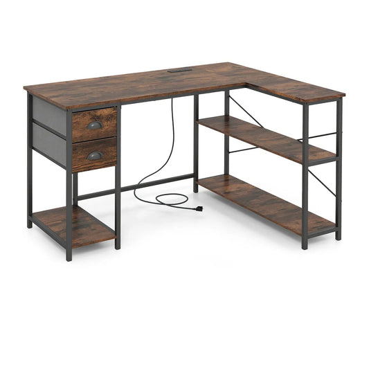 L-shaped desk with charging station, computer desk, 2 fabric drawers, wood top, metal frame on Tampa Home & Garden Store