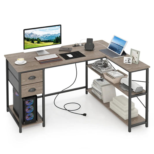 L-shaped desk with charging station and 2 fabric drawers, wood-grain top, black metal frame DirectDeals on Tampa Home & Garden Store