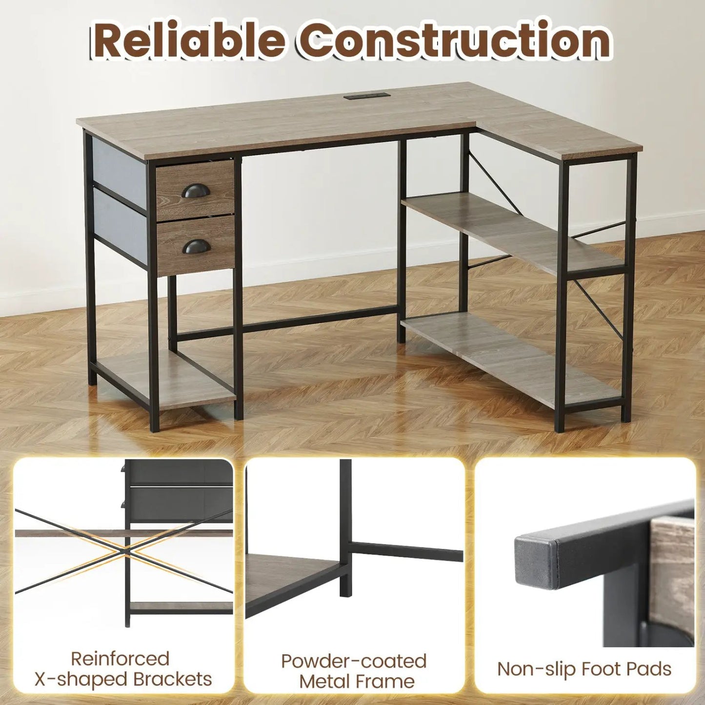 L Shaped Desk With Charging Station and Drawers