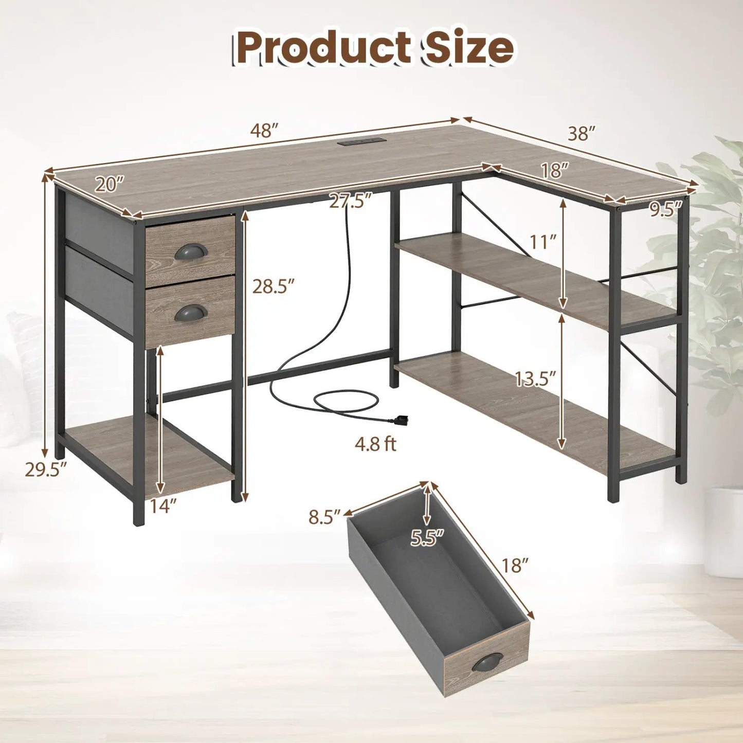 L Shaped Desk With Charging Station and Drawers