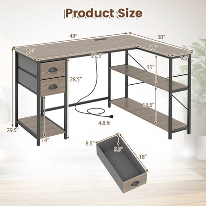 L Shaped Desk With Charging Station and Drawers