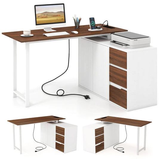 L-Shaped Desk with File Cabinet and Power Outlet