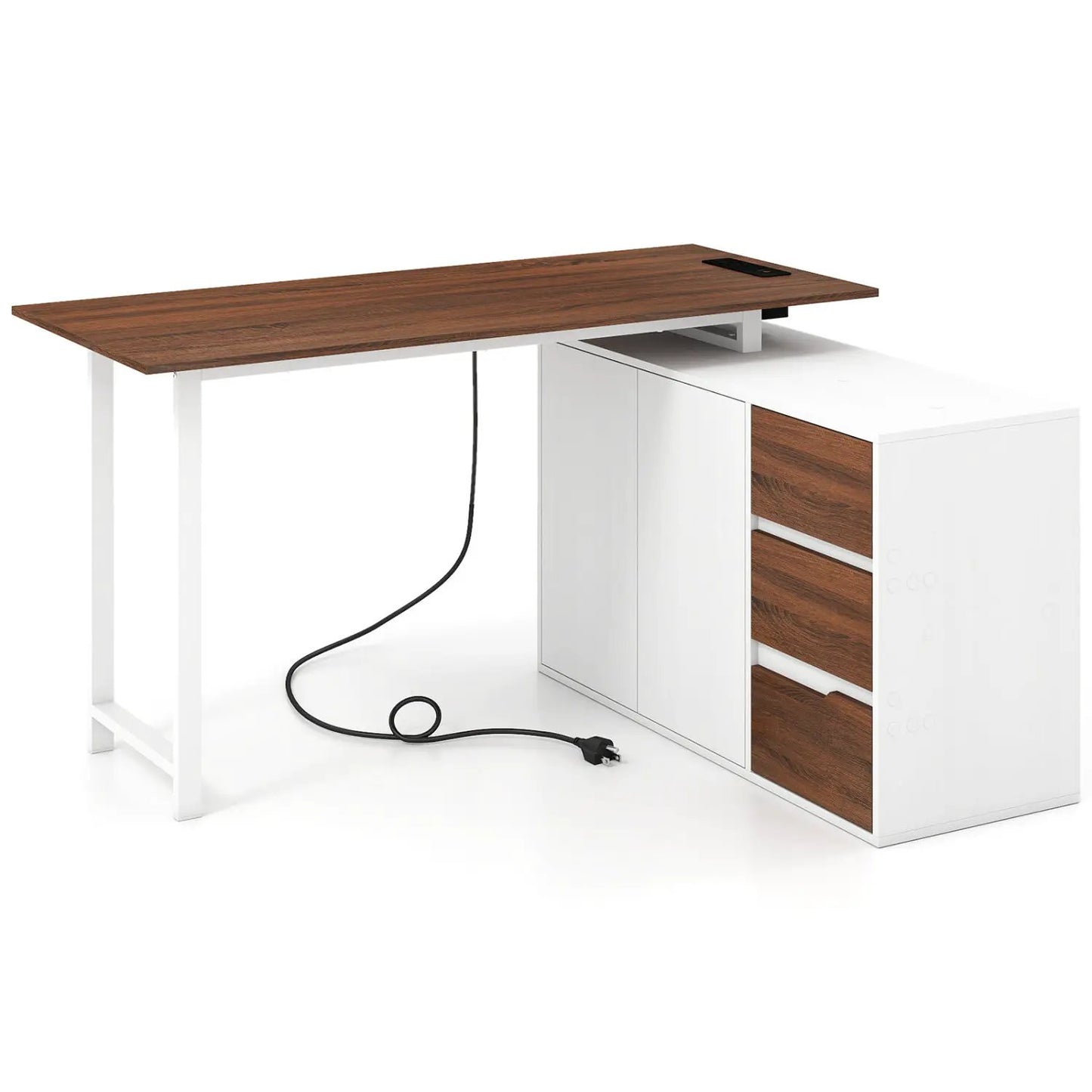 L-Shaped Desk with File Cabinet and Power Outlet