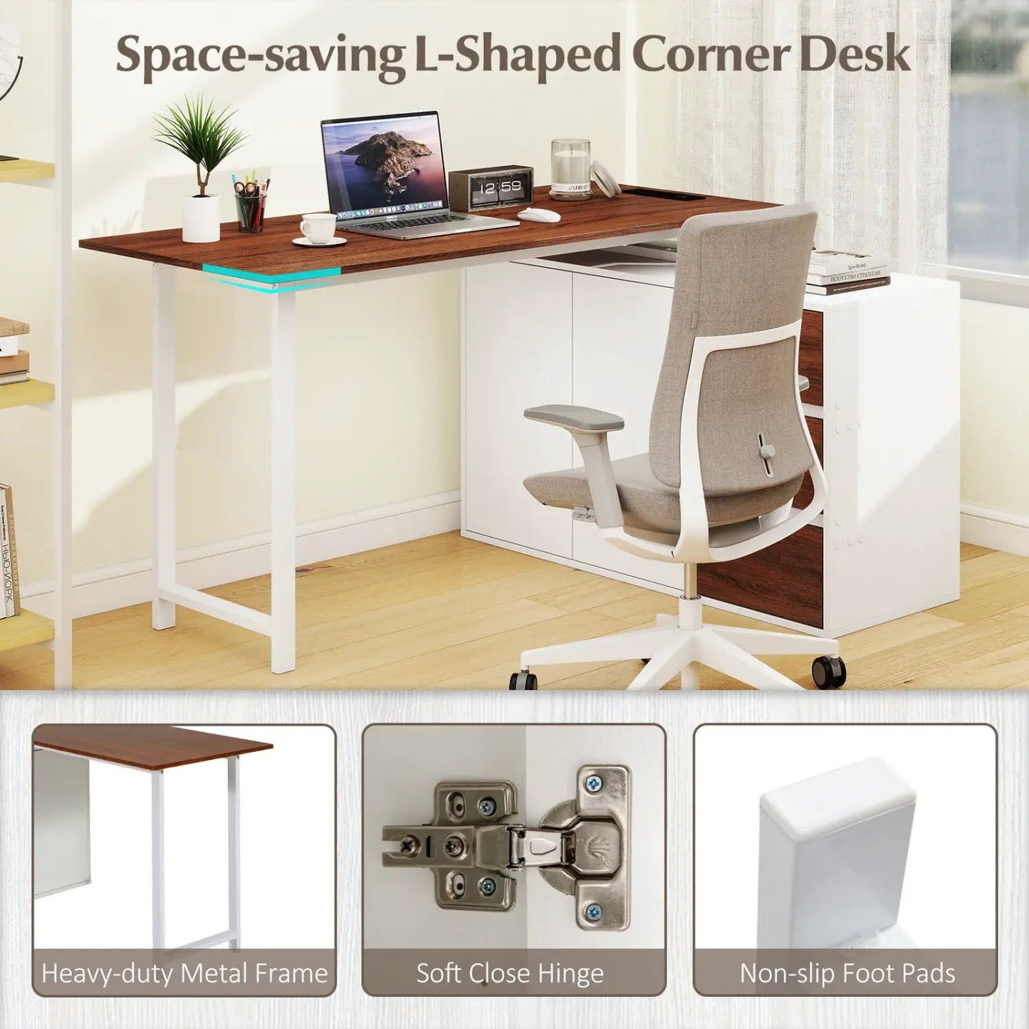 L-Shaped Desk with File Cabinet and Power Outlet
