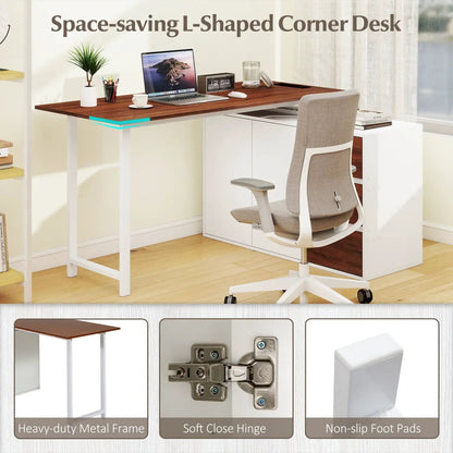 L-Shaped Desk with File Cabinet and Power Outlet