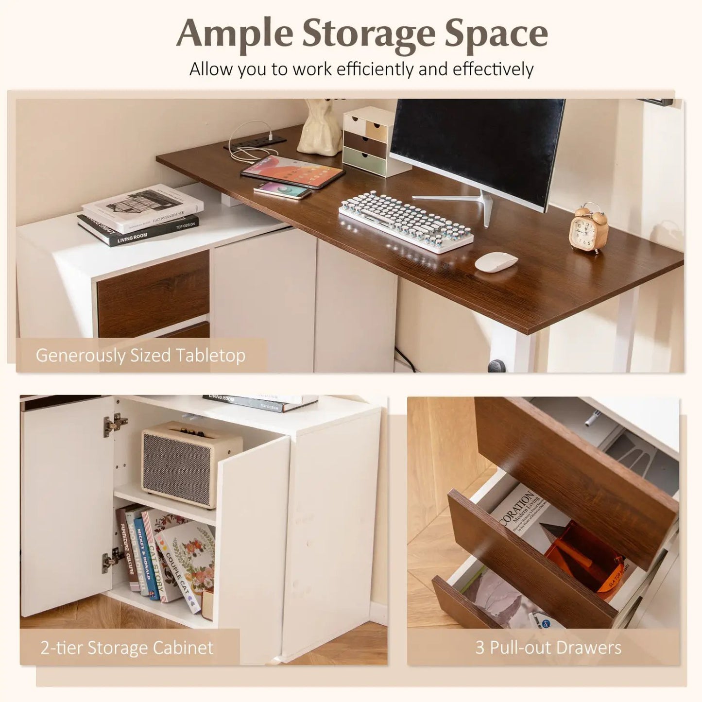 L-Shaped Desk with File Cabinet and Power Outlet