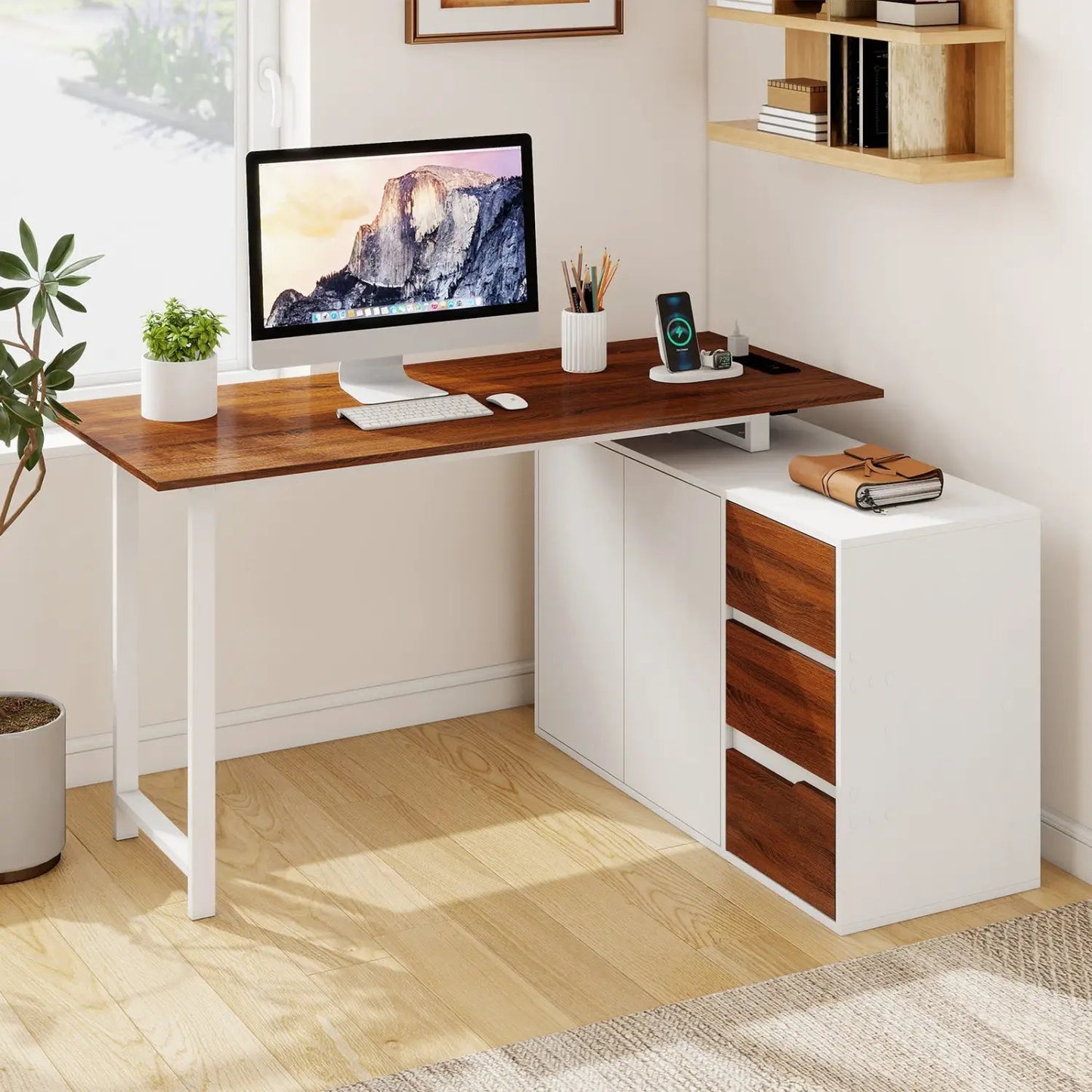 L-Shaped Desk with File Cabinet and Power Outlet