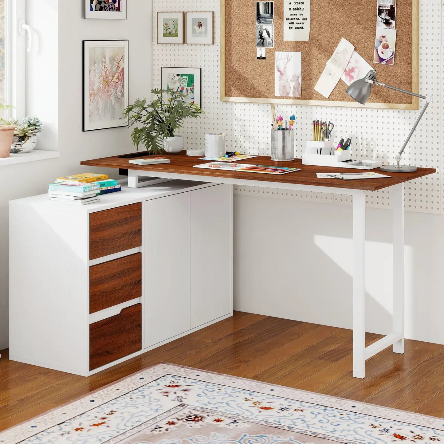 L-Shaped Desk with File Cabinet and Power Outlet
