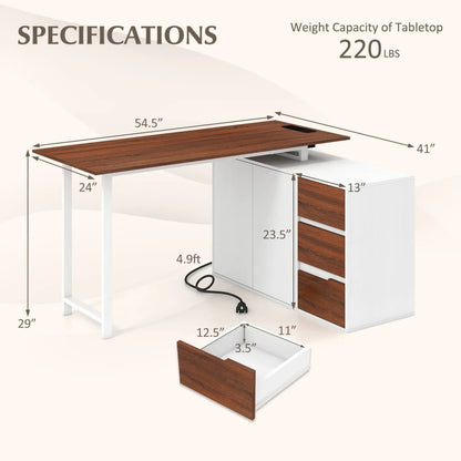 L-Shaped Desk with File Cabinet and Power Outlet