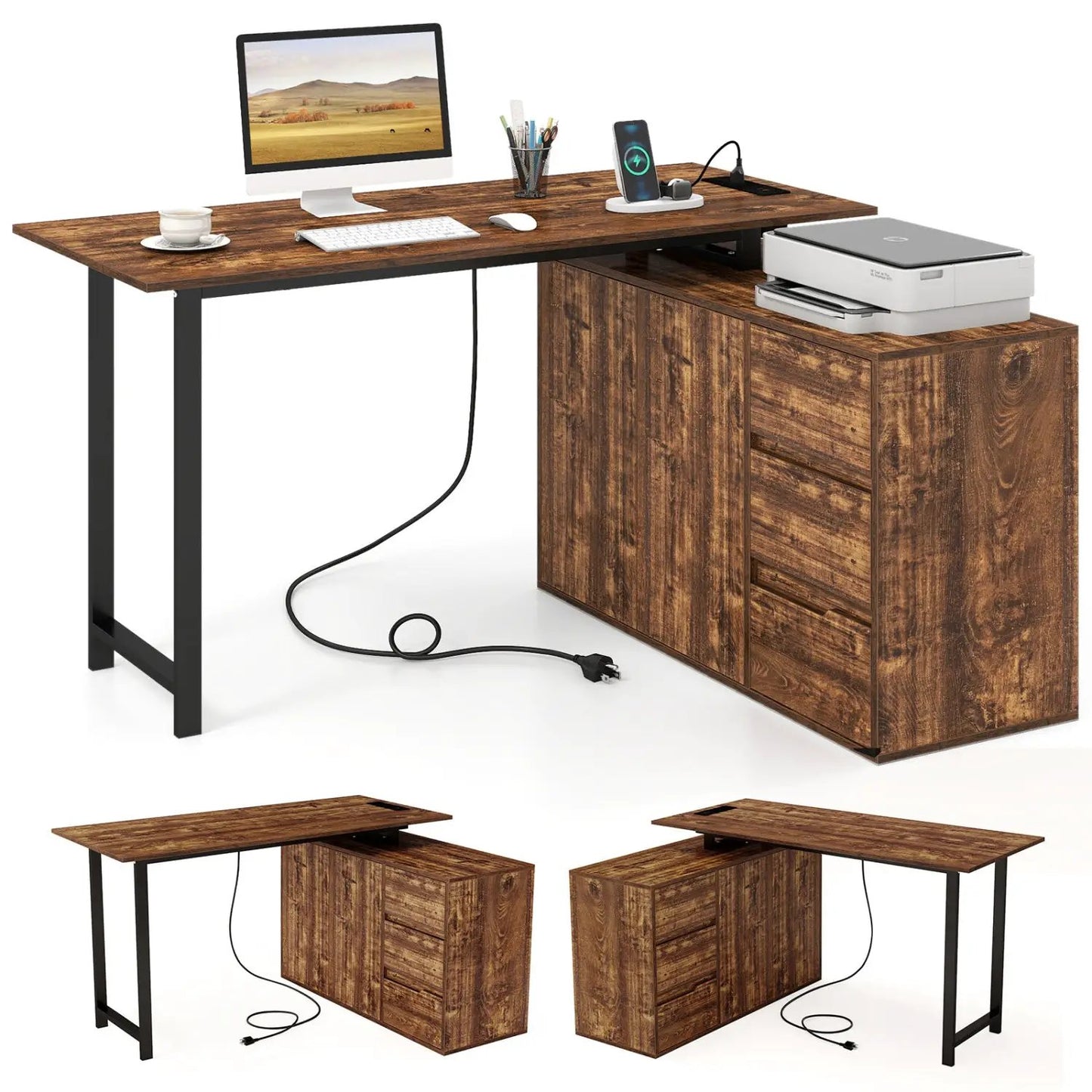 L-Shaped Desk with File Cabinet and Power Outlet