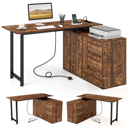 L-Shaped Desk with File Cabinet and Power Outlet
