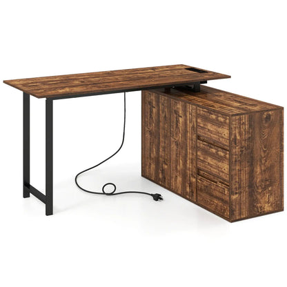 L-Shaped Desk with File Cabinet and Power Outlet