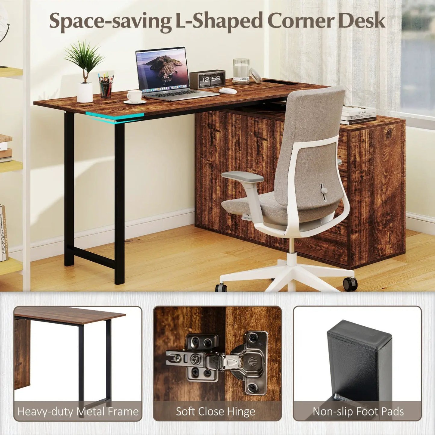L-Shaped Desk with File Cabinet and Power Outlet