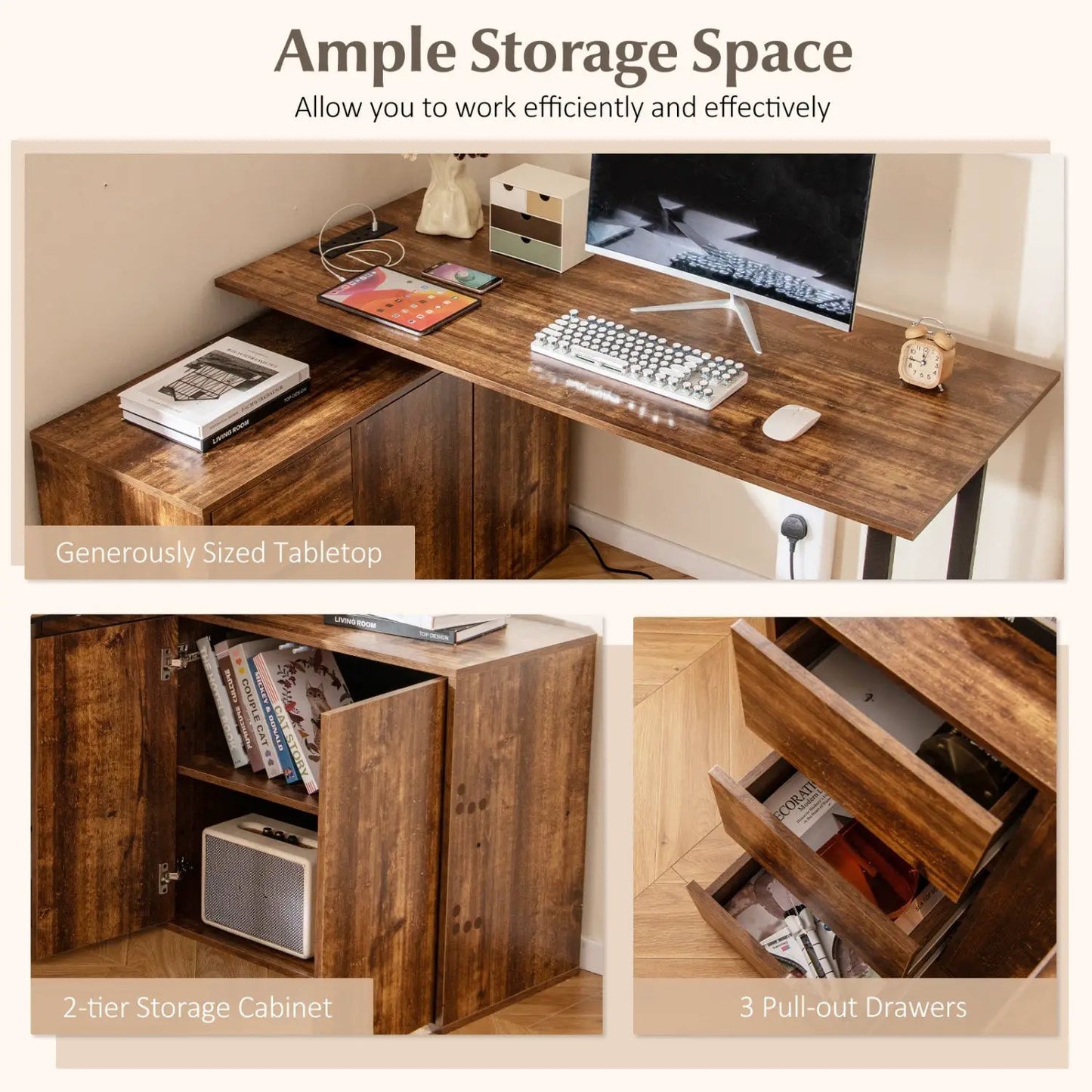 L-Shaped Desk with File Cabinet and Power Outlet