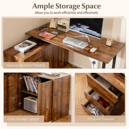 L-Shaped Desk with File Cabinet and Power Outlet