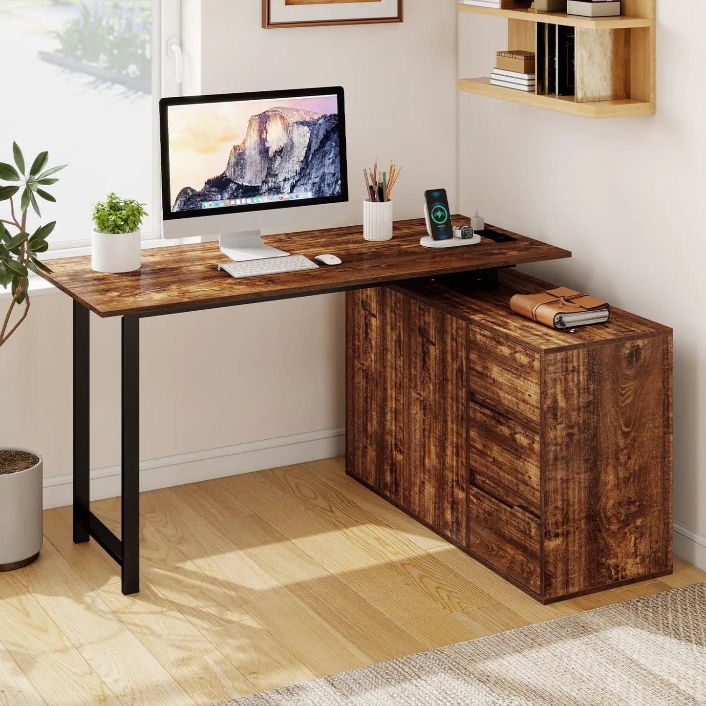 L-Shaped Desk with File Cabinet and Power Outlet