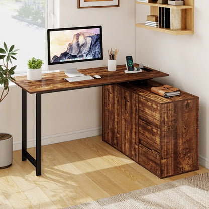 L-Shaped Desk with File Cabinet and Power Outlet