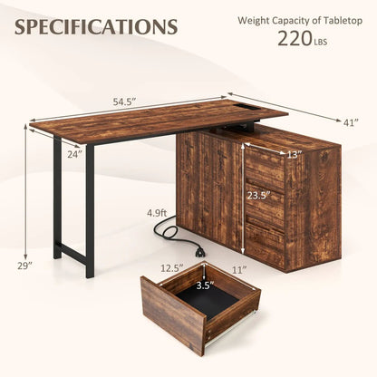 L-Shaped Desk with File Cabinet and Power Outlet