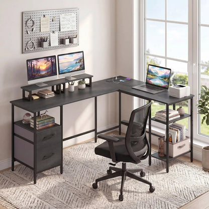 L Shaped Desk with Power Outlet Monitor Stands
